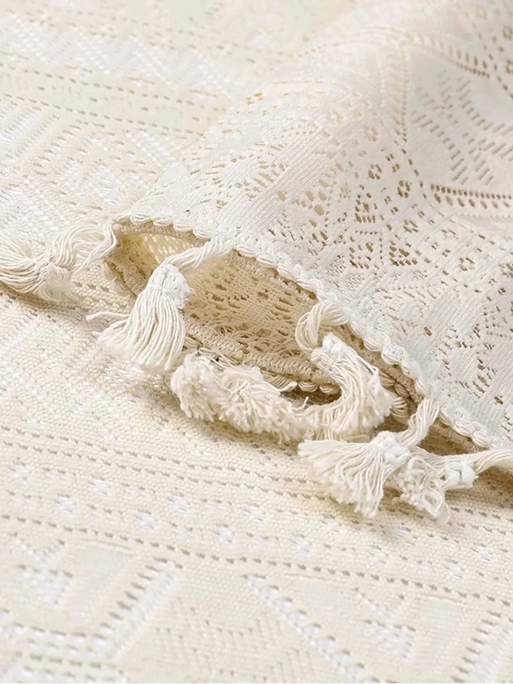 BohoSheer Linen Tassel Lace Curtain Panels - Beige